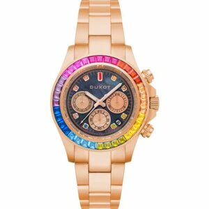 Duxot Ltd Ed Atlantica Chronograph Rainbow Stone Watch with Stainless Steel Bracelet