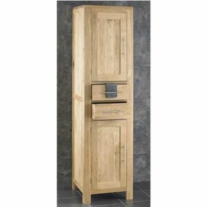 Tall Light Oak Bathroom Storage Cabinet with drawers and cupboards